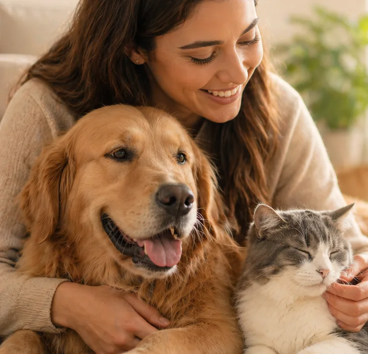 Una mujer sonríe abrazada a un perro golden retriever y un gato atigrado